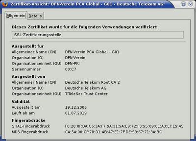 Einträge für CA-Zertifikat DFN-Verein PCA Global - G01 (Stand 04.06.2009)