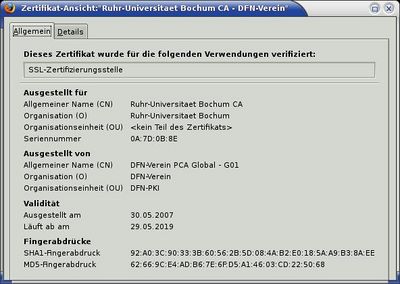 Einträge für CA-Zertifikat Ruhr-Universität Bochum (Stand 04.06.2009)
